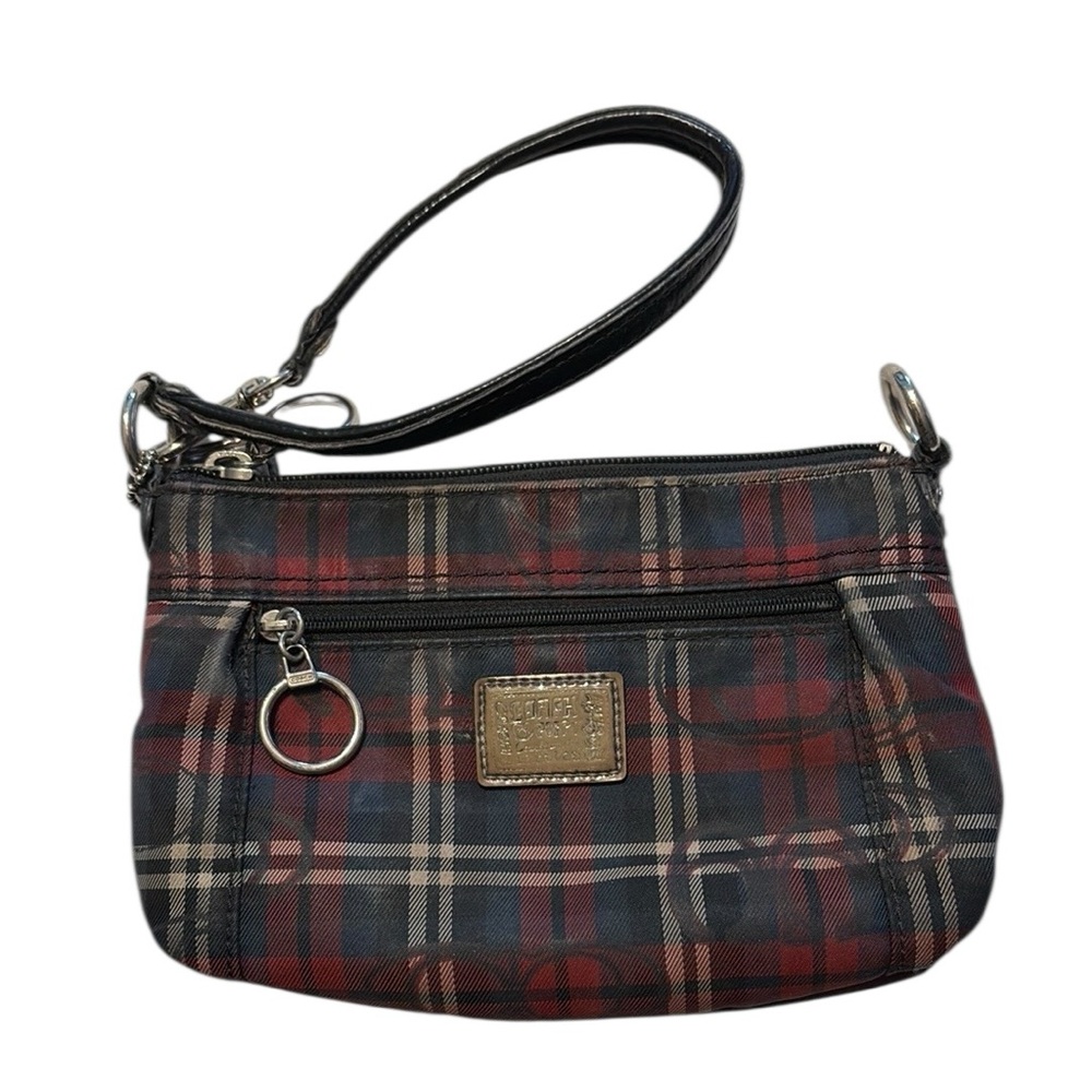 Coach Poppy Tartan Plaid Large Wristlet Navy Red Black